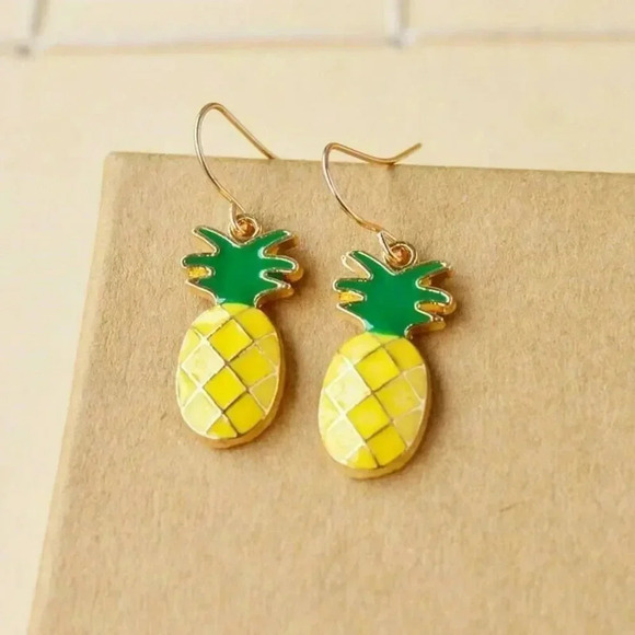 Hand Crafted Enameled Pineapple Charm Dangle Gold Plated Earrings - Picture 1 of 1